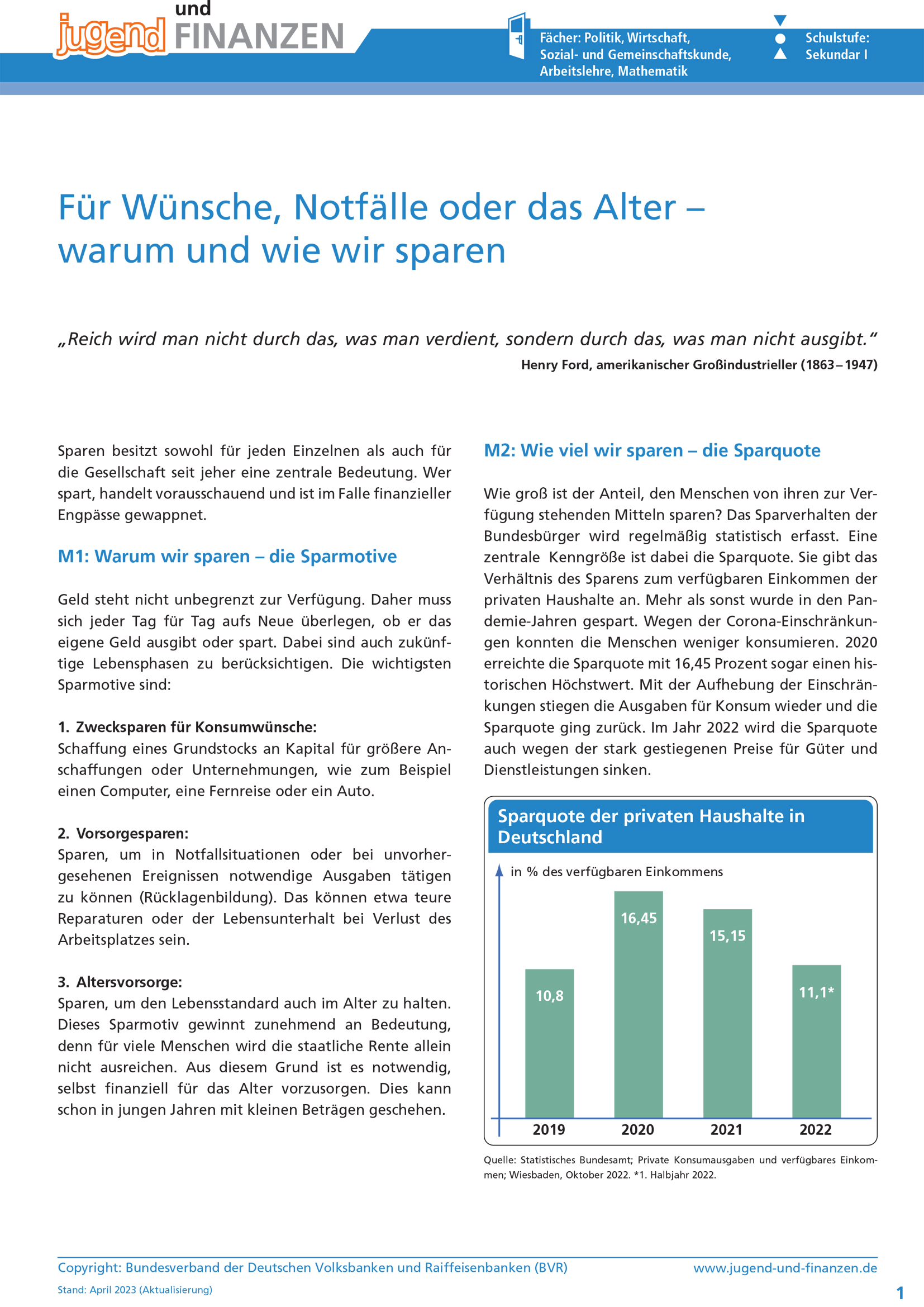 Arbeitsblatt "Warum und wie wir sparen"